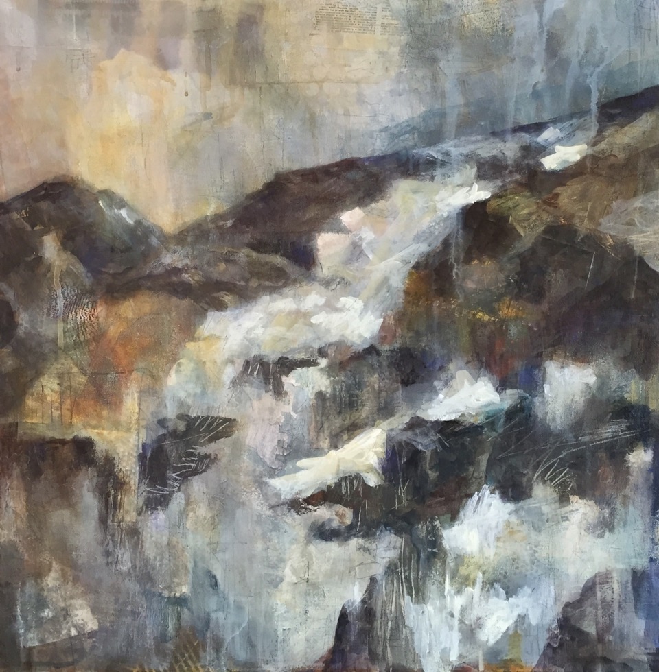 Janet Bradish 2019 Artists on tour Bragg Creek artist The Wildlands, Solomon Creek - Rock and Ice 24”X24” Acrylic mixed media on canvas
