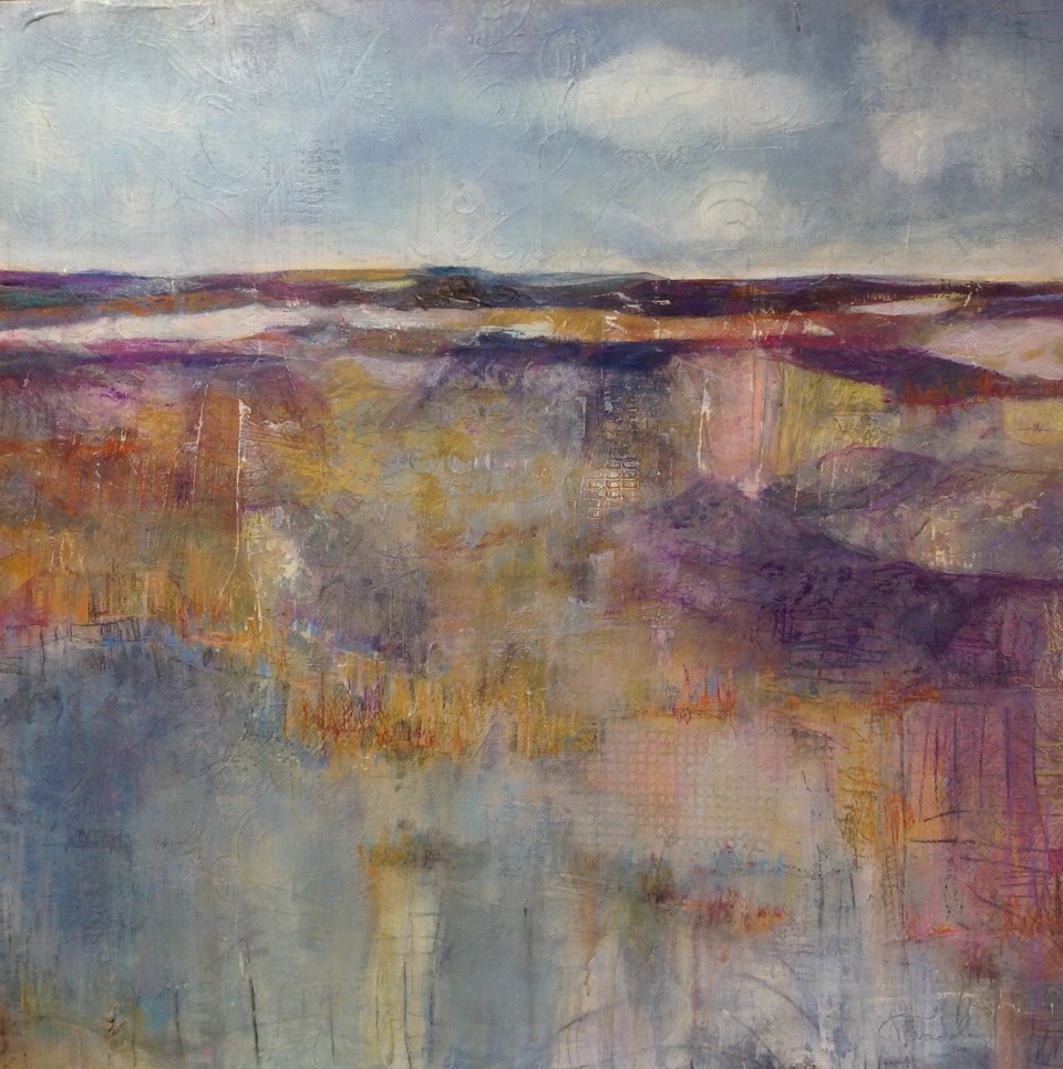 Janet Bradish 2019 Artists on tour Bragg Creek artist Spring Melt on the Prairies 18”X18”; Acrylic mixed media on birch panel