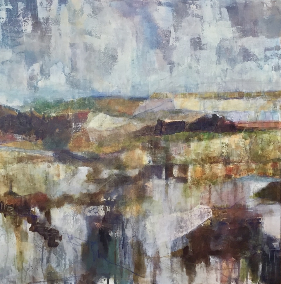 Janet Bradish 2019 Artists on tour Bragg Creek artist It Rained It Snowed - Spring Had Arrived 24”X24” Acrylic mixed media on canvas