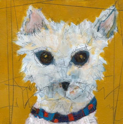 Janet Bradish 2019 Artists on tour Bragg Creek artist Muffin’s New Collar 6”X6” Acrylic mixed media on birch panel