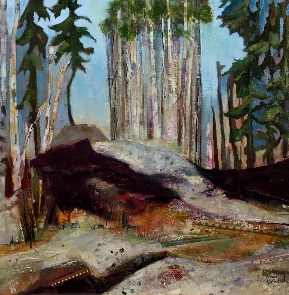 Janet Bradish 2019 Artists on tour Bragg Creek artist May Skiff West Bragg Creek 10”X10” Acrylic mixed media on canvas
