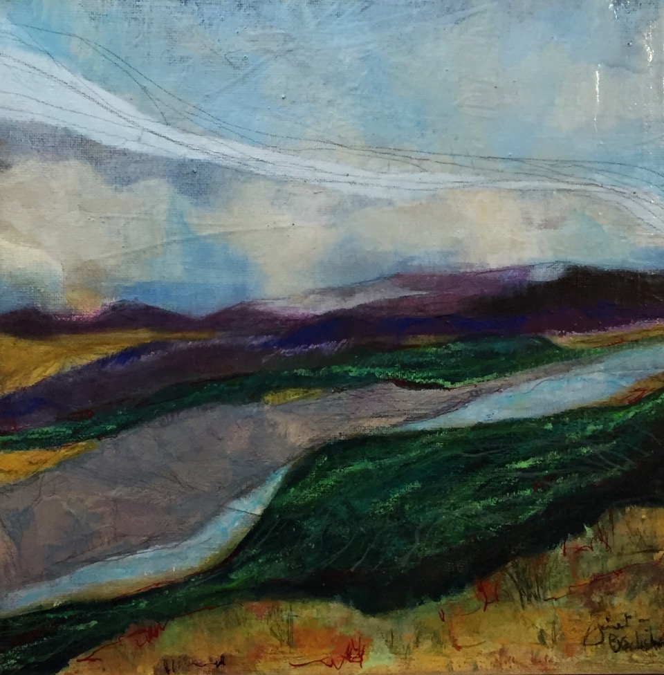 Janet Bradish 2019 Artists on tour Bragg Creek artist A Day at the Glenbow 10”X10”; Acrylic mixed media on canvas