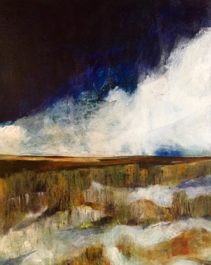 Janet Bradish 2019 Artists on tour Bragg Creek artist Prairie Spring - The View From the Pothole 16”X20” Acrylic mixed media on canvas