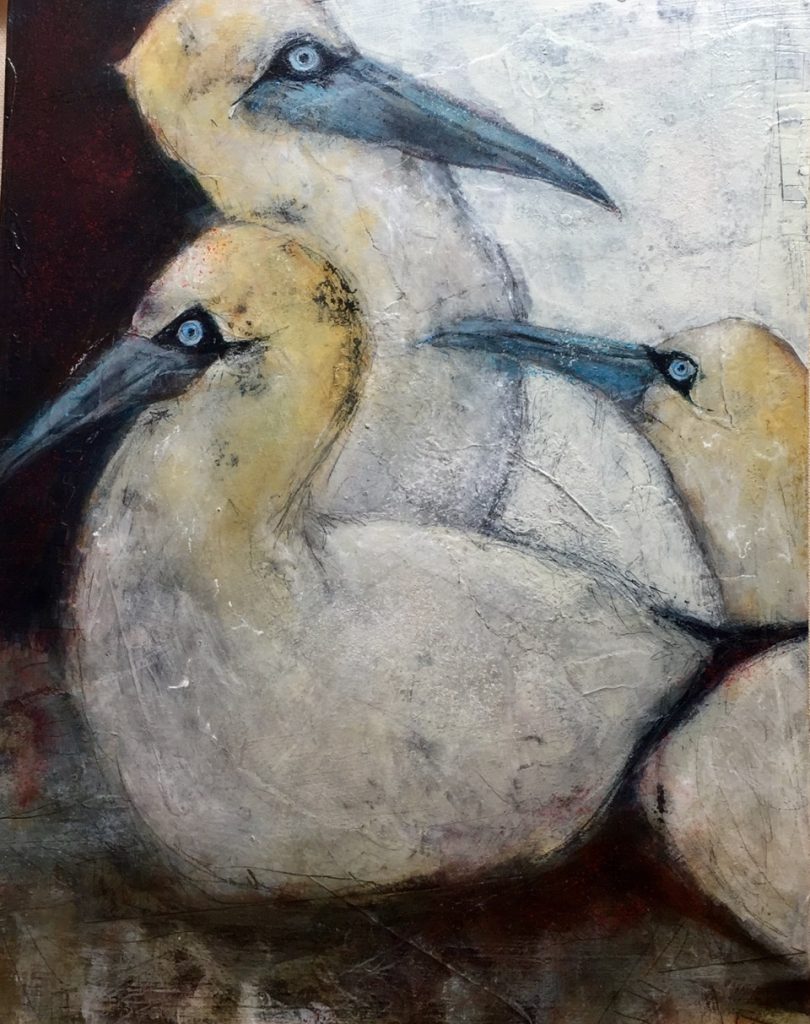Janet Bradish 2019 Artists on tour Bragg Creek artist Gannet Song 11”X14” Acrylic mixed media on birch panel