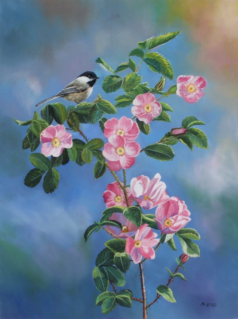 Chickadee and Alberta Rose oil painting by Artists On Tour 2019 artist Andrew Kiss